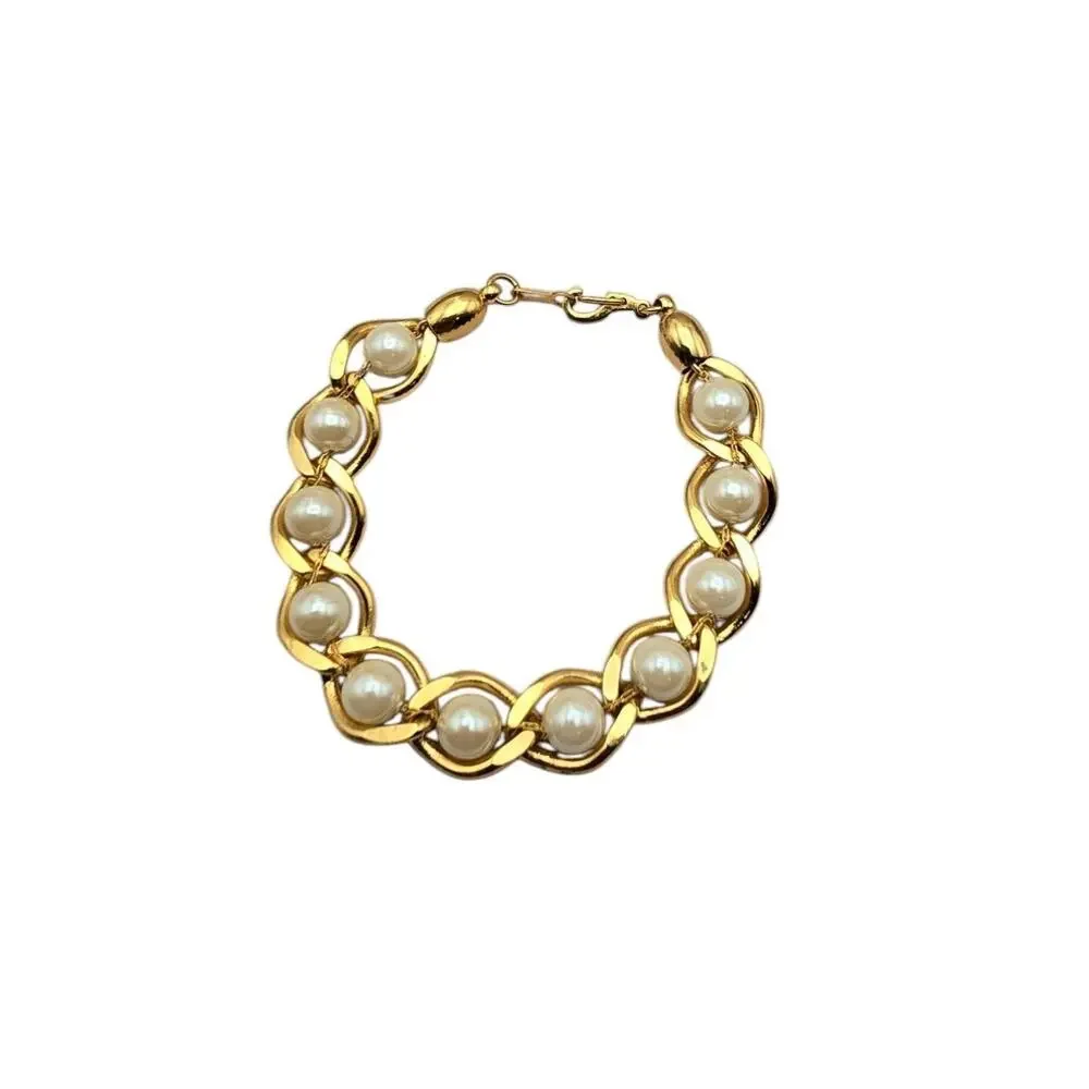 Gold Pearl Link Bracelet Chunky Chain Style Classic Glam Elegant
